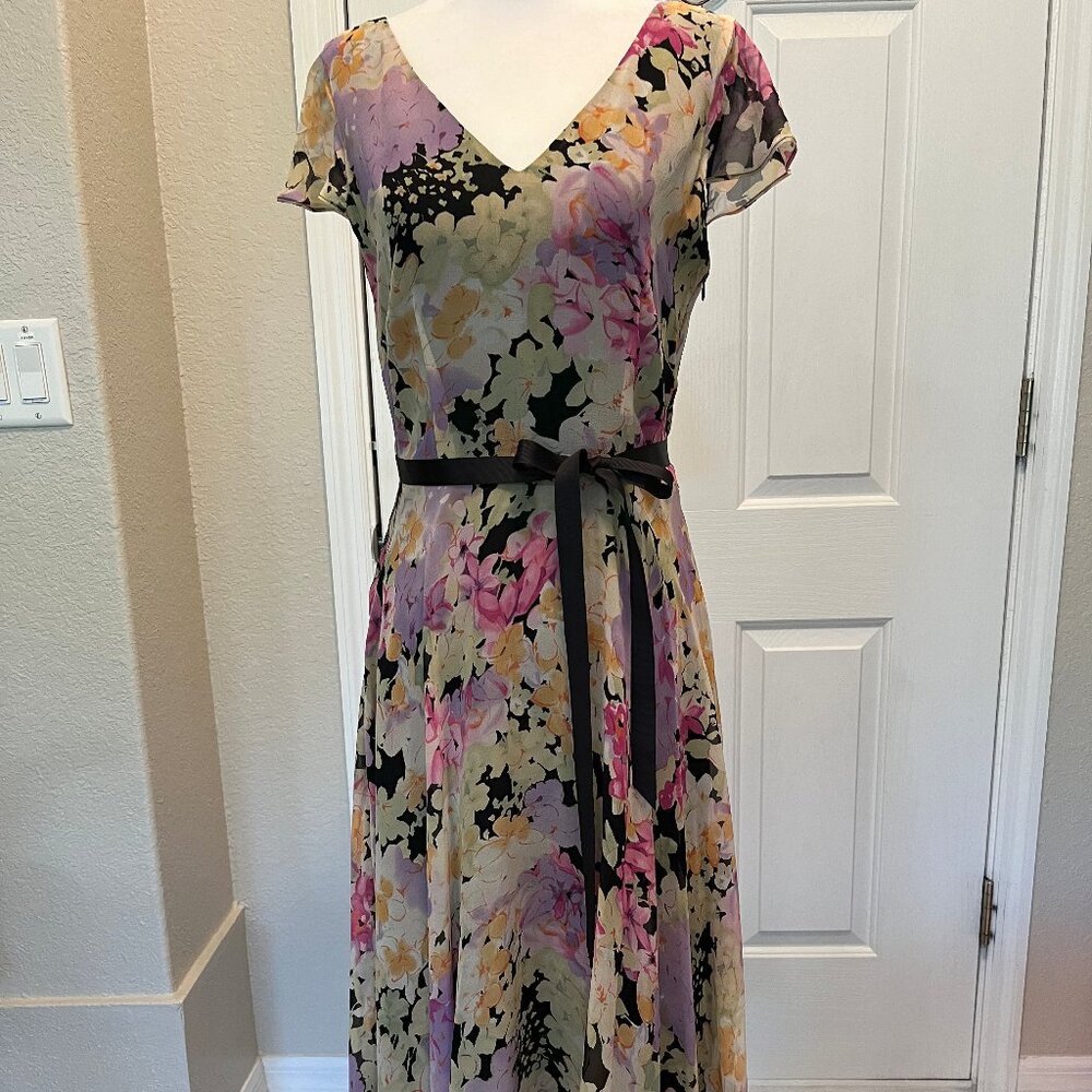 Talbots silk floral print sheer overlay of solid black under-dress, size 4